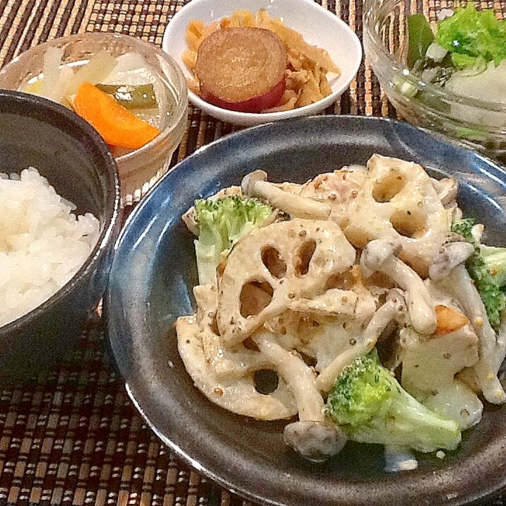 鶏肉とれんこんの粒マスタードソース和え